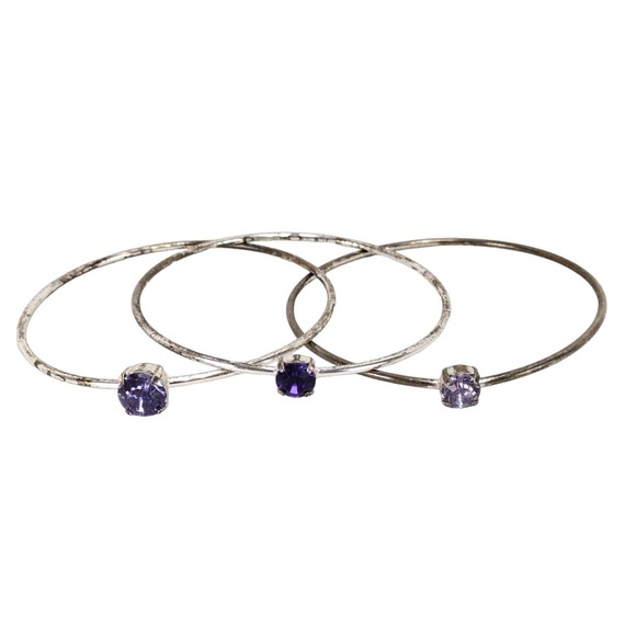 Silver Bangle Stackers with Purple Faceted Stones - Picture 1 of 4